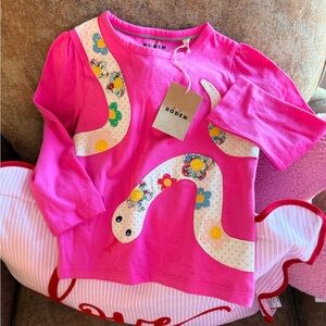 Mini Boden Pink Long Sleeve Appliqué Tee with Spring Snake Design 3-4Y